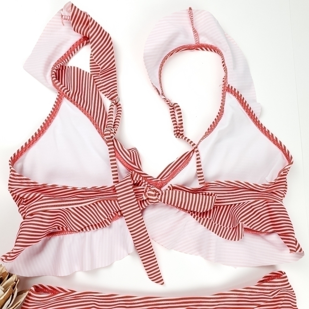 New Shein Red White Stripe 2 Pc Swimsuit Sz L - Picture 3 of 7